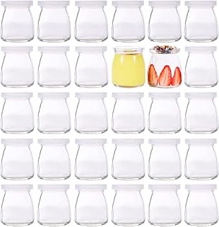 Lawei 30 Pcs Yogurt Pudding Bottle Milk Glass Jars with Plastic Lids Mini Cups Food Storage Containers for Jams Honey Dessert - 200 ml