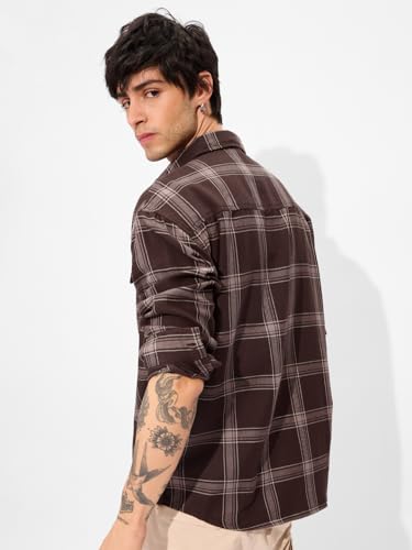 Image of The Souled Store Brown Men and Boys Long Sleeves Collared Neck Button Front Plaid Regular Fit Cotton Utility Shirts