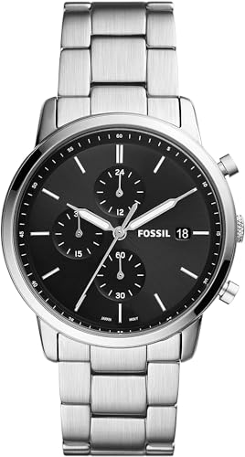 Fossil Minimalist Uhr für Herren, Chronographenwerk mit Edelstahl- oder Lederarmband, Silberton und Schwarz, 42MM