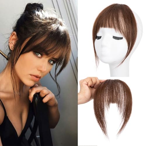 Clip-in-Pony, 100% Echthaar-Extensions für Damen, französischer Pony, Kunsthaarverlängerung, Pony mit Bügeln (Dunkelbraun)