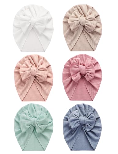 Image of ZURLEFY 6 PCS Stretchy Baby Turban Hats, Baby Hat with Bows for Girls, Baby Boys Caps, Toddler, Newborn, Infant Hat Unisex