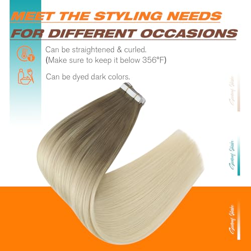 Image of Sunny Hair Tape in Hair Extensions Light Brown with Blonde Balayage