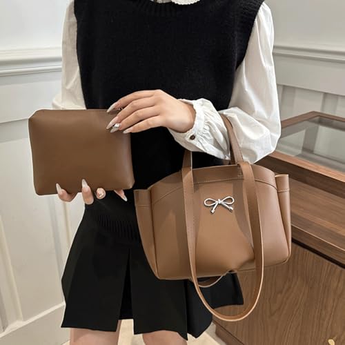 Bow Purse 2 Pcs Bow Purse with Wallet Large Tote Bag with Mini Pouch Vintage Bucket Shoulder Bag Trendy Gifts2