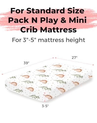 Image of Pack and Play Sheets 2 Pack, Fitted Jersey Knit Mini Crib Sheets for Baby Boys and Girls, Compatible with Graco Pack N Play and Mini Crib Mattress (Tiny Dinos, Pack N Play /Mini Crib Sheets)