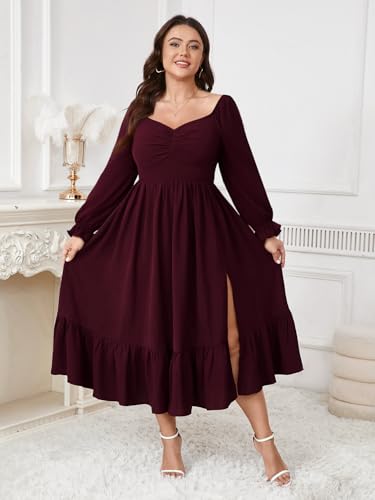 SCOMCHIC Womens Plus Size Cocktail Wedding Guest Dress Sweetheart Neckline Long Sleeve Smocked Ruffle Slit Maxi Dresses4