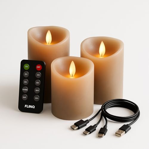 FLINQ Bougies Led Rechargeables USB - en Matière de Cire - Fausse Bougie Flamme Vacillante - par Télécommande - Batterie longue Durée - 3 unités