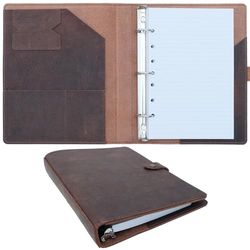 Fan&Ran Agenda de piel con 100 hojas de papel rayado de 14 x 21,6 cm, carpeta de 3 anillas, bolsillos interiores y ranuras para tarjetas y soporte para bolígrafos, recargable