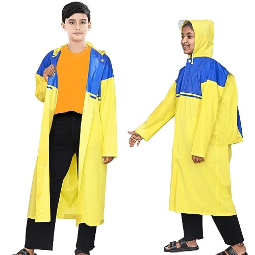 Image of HACER Aqua Raincoat for 11 to 12 Years Old Kids Children Water Resistant Rainsuit Adjustable Hood Drawstring Hem Rainwear with Side Pockets (39, Random Colour)
