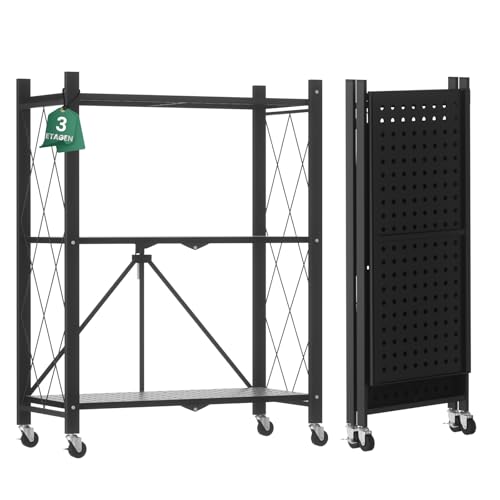 ALANNG Klappregal mit Rädern - Standregal mit 3 Ablagen, Bücherregal aus Metall - Montagefrei & Stabil - Für Küche, Wohnzimmer, Keller, Büro - Schwarz