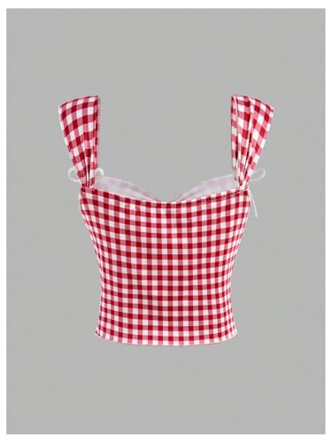 SweatyRocks Girl's Bow Plaid Print Tank Tops Cute Ruched Sweetheart Neck Vest Top2