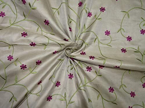 Satin de soie beige au mètre Dupion Dupe61[2] tissu brodé floral vert aubergine