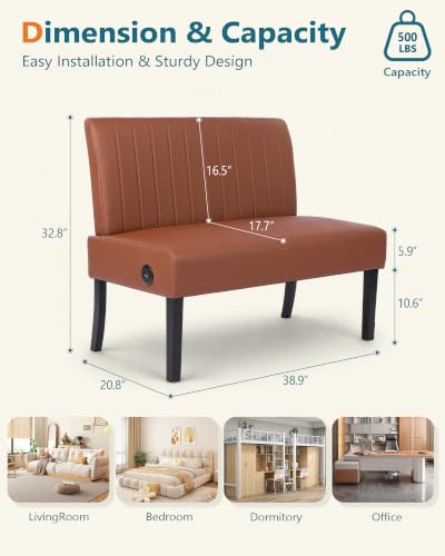 Image of Leather Armless Loveseat with Charging, Small Couch for Living Room, Brown