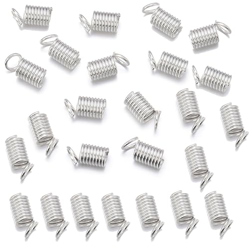 100Pcs Cord Ends Caps Metal Spring Coil Ends Fasteners Necklace Spring Fastener Mini Tube Cord Cap Tip for DIY Necklaces Bracelets Craft Making, 10 * 4.5mm, Hole 3mm, Silver