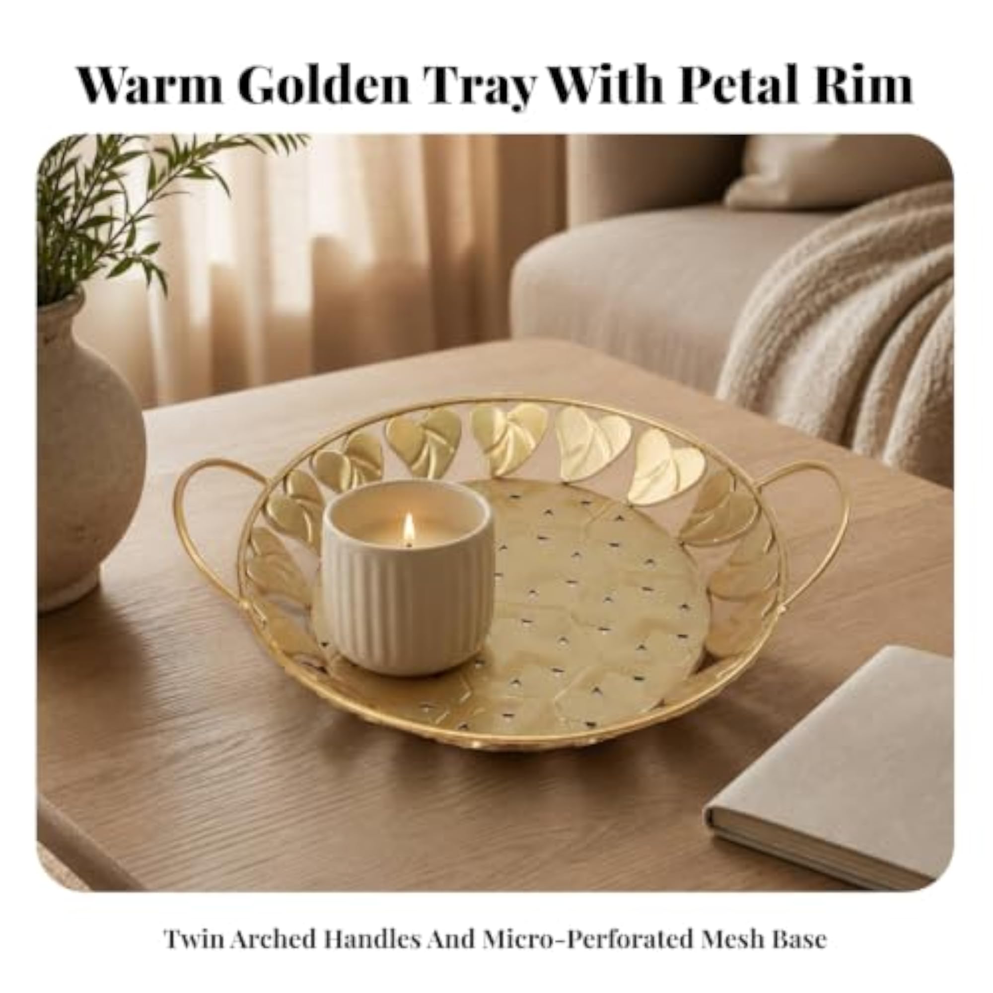 Glam Round Gold Tray with Handles, Decorative Openwork Design