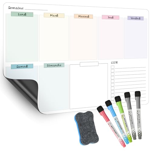SONNELD Planning frigo magnétique effaçable – Semainier & organisateur familial pour réfrigérateur – Tableau blanc magnétique réutilisable pour...