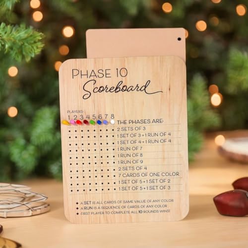 Tablero de puntuación Phase 10 de madera 2025 con 8 clavijas de colores miniatura 3