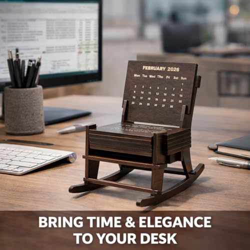 Image of Handcrafted Wooden Rocking Chair Desk Calendar 2026 - Unique DIY Miniature Furniture Monthly Planner for Home Office Decor, Bookshelf Accessory, and Corporate Gifting - Premium Compact Wood Craft Desktop Organizer & New Year Gift