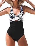 CUPSHE Damen Badeanzug Wickeloptik Bauchweg Monokini V Ausschnitt Raffungen Zierausschnitten Einteilige Bademode Swimsuit Schwarz M