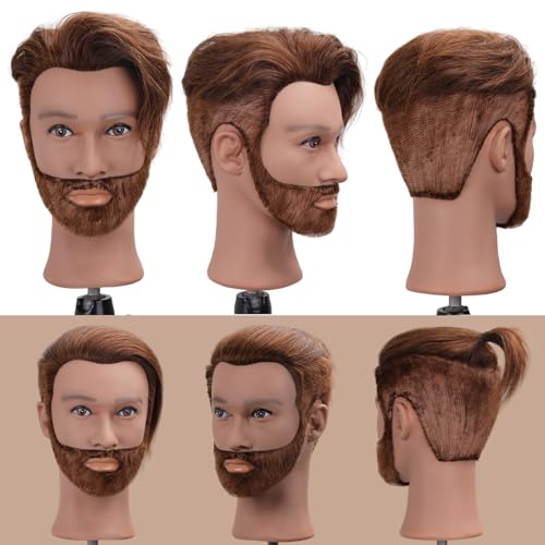 DaizySight Mann Frisierkopf 100% Echthaar mit Bart, Frisurenkopf Männlicher Haarschnitt Übungskopf mit Braun Haar, Friseur Kopf Mannequin Head Puppenkopf mit Tischklemme (Weiches Haar)