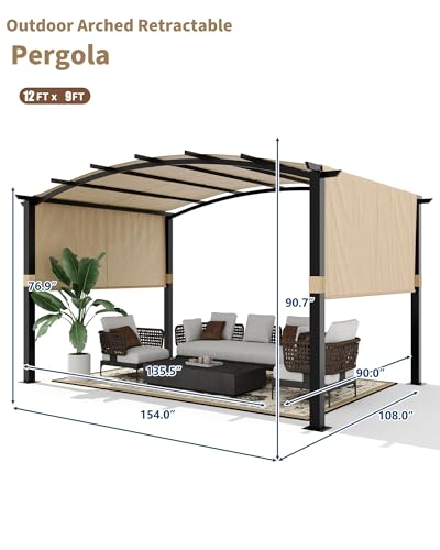 Image of KYBOLT 12x9 Ft Arched Pergola Metal Gazebo with Retractable Canopy for Backyard Deck Garden Lawns Porch(Khaki)