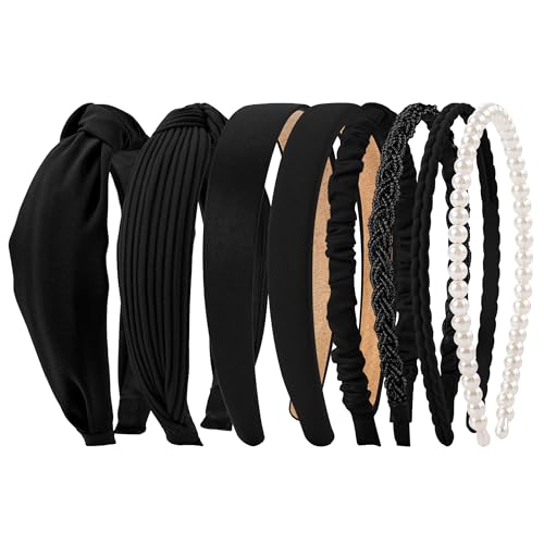 HBselect 8 Stück Haarreifen Set Damen Stirnband-Set Satin Perle Breit Stirnbänder für Damen und Mädchen Haarband Headbands Schwarz