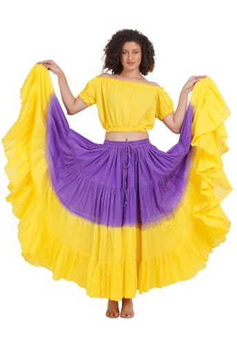 Wevez Women's 25 Yard Tribal Belly Dance Solid Dip Dye 4-Tier Cotton Skirt (Purple-Yellow)