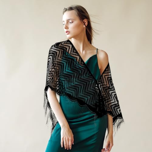 Black Lace Shawl,Triangle Lace Shawls and Wraps for Evening Dresses with Tassels Soft Mesh Fringe Wraps Elegant Shawl for Evening Party Mesh Wedding Shawls (Black)3