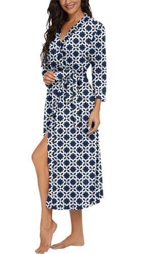 Image of VINTATRE Robes for Women Long Knit Bathrobe XS-4XL | 3 /4 Sleeve Bathrobes with Pockets, Stretchy and Lightweight Fabric, Inner Tie and Fixed Outer Matching Belt, Mid Calf Length