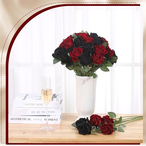 Ovveroche 80 Pcs Artificial Roses Long Stem Silk Flowers Black & Red by Ovveroche - Used condition - Image 5