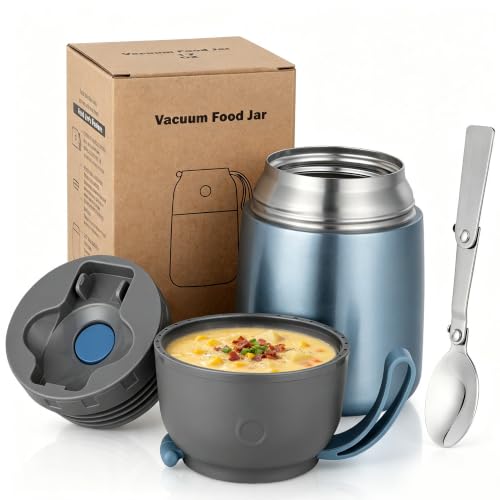 Image of Insulated Thermo Food Jar for Hot & Cold Food for Kids Adult, 17 oz Soup Thermal Hot Food Containers for Lunch, Triple Layer Insulation Stainless Steel Food Jar with Spoon (Lightblue)