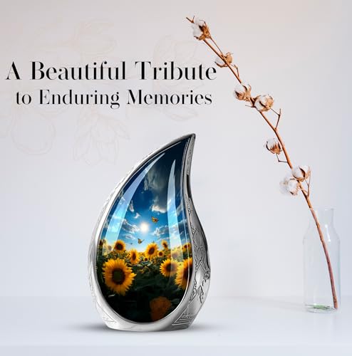 Image of Teardrop Butterfly with Sunflower Urn for Human Ashes - Funeral Urns for Human Ashes Adult - Large Sunflower Urns for Adult Man and Women - Cremation Decorative Urn for Mom and Dad 10inch