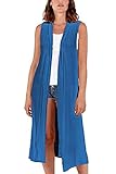 STAR FASHION Cárdigan largo sin mangas con frente abierto para mujer, chaqueta lisa para mujer, chaqueta de plumero con parte superior flotante, talla 40-56, Teal, 44-46