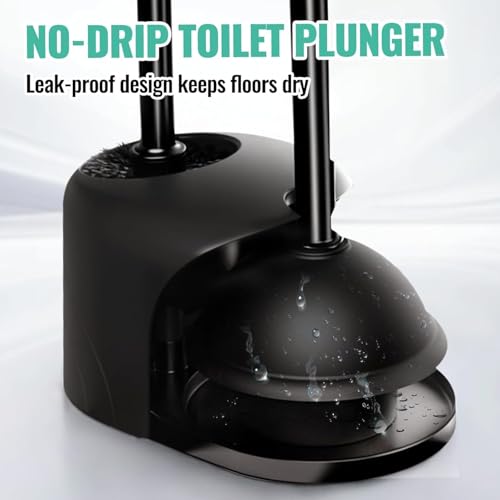 Image of FORASTO 4 in 1 Toilet Brush and Plunger Set, Long Handle Combo, 2 Pack | Dark black bathroom cleaning tools with holder. Includes crevice brush for deep toilet bowl scrubbing.