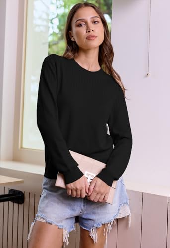 Fall Sweaters for Women 2025 Crew Neck Long Sleeve Crochet Pullover Sweater Tops Lightweight Ribbed Knit Pullover3