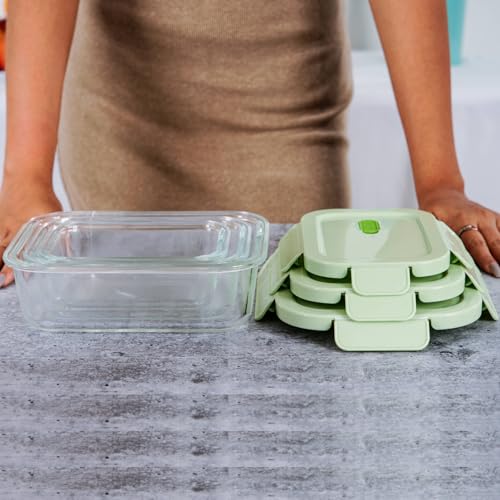 Image of Kitchne Star Fresh Lock Trio Glass Container Set of 3, Airtight Leak-Proof Stackable Lunch Box with Locking Lids, BPA-Free, for Office Travel and Meal Prep