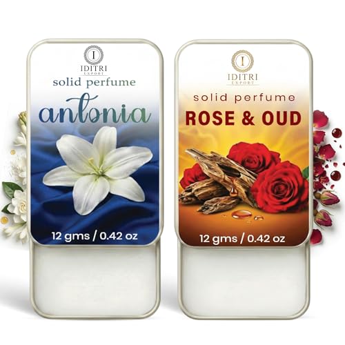 Image of IDITRI EXPORT Solid Perfume |Rose & Oud&Antonia Alcohol Free Wax Perfume Balm, Long Lasting | Pocket Tin 12g, Pack Of 2| Non Greasy Smooth Glide, Travel Friendly Men And Women