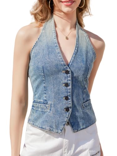 OVRUNS Womens Sleeveless Denim Vest Halter Neck Backless Petite Jean Waistcoat Top Summer Jacket
