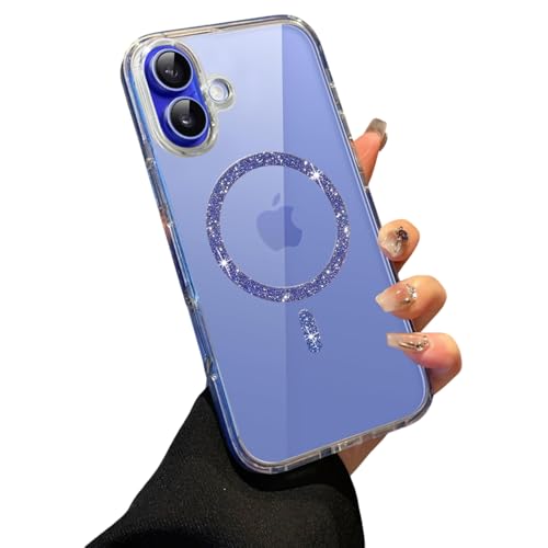 Image of VONZEE Compatible for iPhone 16 6.1'' Case Glitter Ring Cute Shiny Colorful Bling Case (Compatible with Magsafe) Transparent PC+TPU Glossy Shiny Cover for Girls Women,Blue