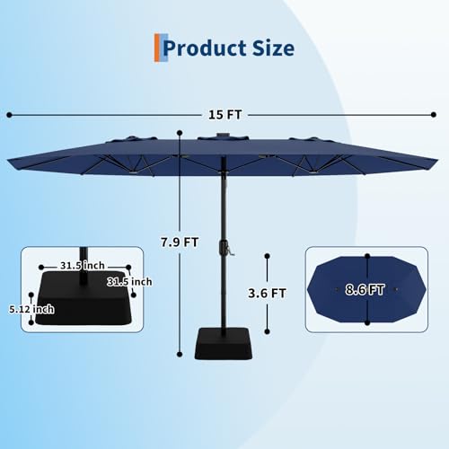 15FT Rectangular Patio Umbrella with Base Included - Large Patio Umbrella with Crank Handle, UV Protection for Outdoor Market, Backyard, Pool - Navy Blue