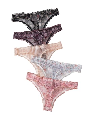 Image of SHENHE Women's 5 Packs Floral Lettuce Trim Bow Low Rise Cute Thong Panties Underwear