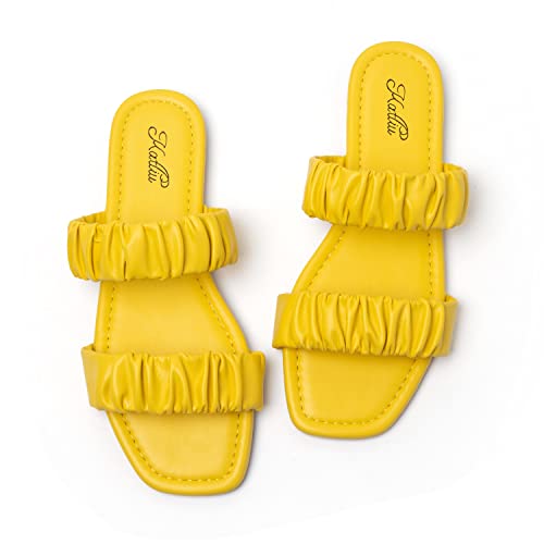 Katliu Women's Flat Sandals Square Open Toe Slide Sandals With Two Ruched Straps Yellow #TOP17