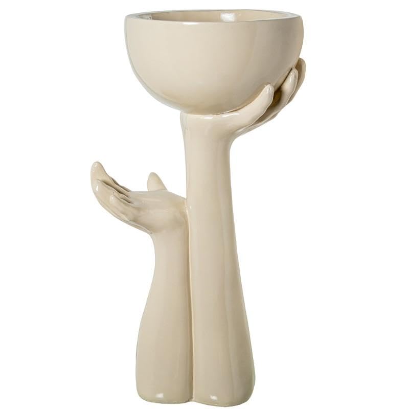 Pot avec 2 mains debout DRW, sculpture haut de gamme en fibre crème