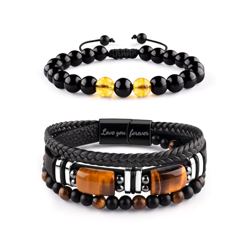ZZLTAWS Mens Leather Tiger Eye Bracelet Natural Black Obsidian Crystal Stone Beads Protection Bracelet Set Stainless Steel Engraved Love You Forever Jewelry for Men (Black) by ZZLTAWS - Used condition - US$13.14