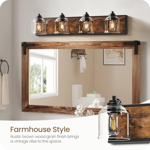 Image of 4-Light Bathroom Fixture, 31.5 inch Large Farmhouse Vanity Light, E26 Base (Bulbs Not Included), Thickened Glass Shade, for Bathroom, Bedroom, Vanity, Hallway, Rustic Brown and Black F18BD05