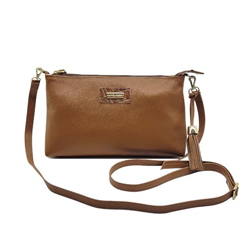 Bolsa Feminina Transversal Couro Legítimo Zíper Interno Acompanha Pompom (Café Fly Liso)