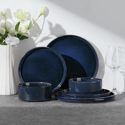 Image of E-far Stoneware Dinnerware Sets for 2, 6-Piece Plates and Bowls Sets, Chip & Scratch Resistant Ribbed Dish Set for Home Restaurant, Microwave & Dishwasher Safe, Midnight Blue