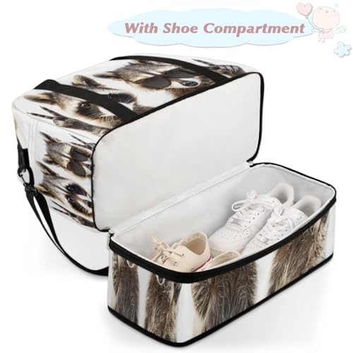 Travel Duffel Bags Cute Animal Raccoon Foldable Weekender Bags for Women with Shoes Compartment Waterproof & Tear Resistant Carry on Overnight Luggage Duffel Bag Shoulder Sports Tote Bag,B-3674