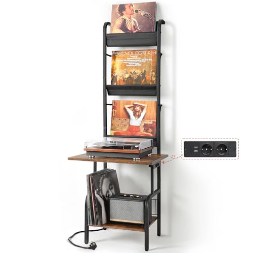 Bikoney Supporto Giradischi con Presa di Corrente e Ripiani, Mobile per Giradischi in Vinile Fino a 200 Album, Supporto per Dischi in Vinile con Struttura da Tavolo o da Parete