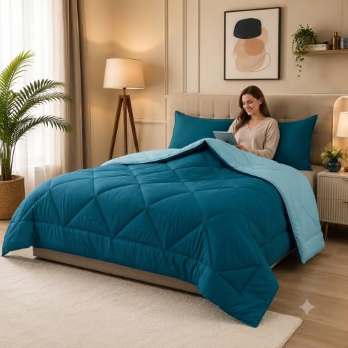 Image of 220 GSM Comforter Set Double Bed | Microfiber Reversible AC Blanket Duvet Quilt for Double Bed King Size (Deep Teal & Carribean Blue)