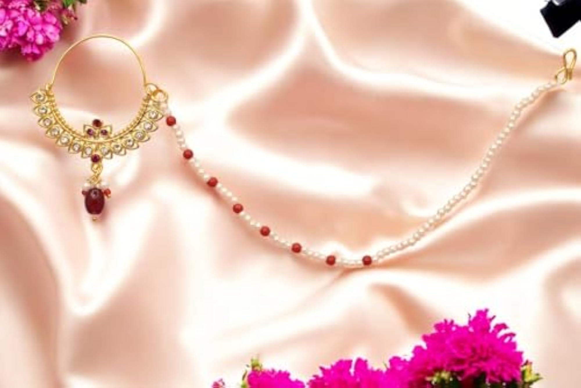 Women's Gold Plated Ethnic Bridal Nose Ring with Pearls Chain